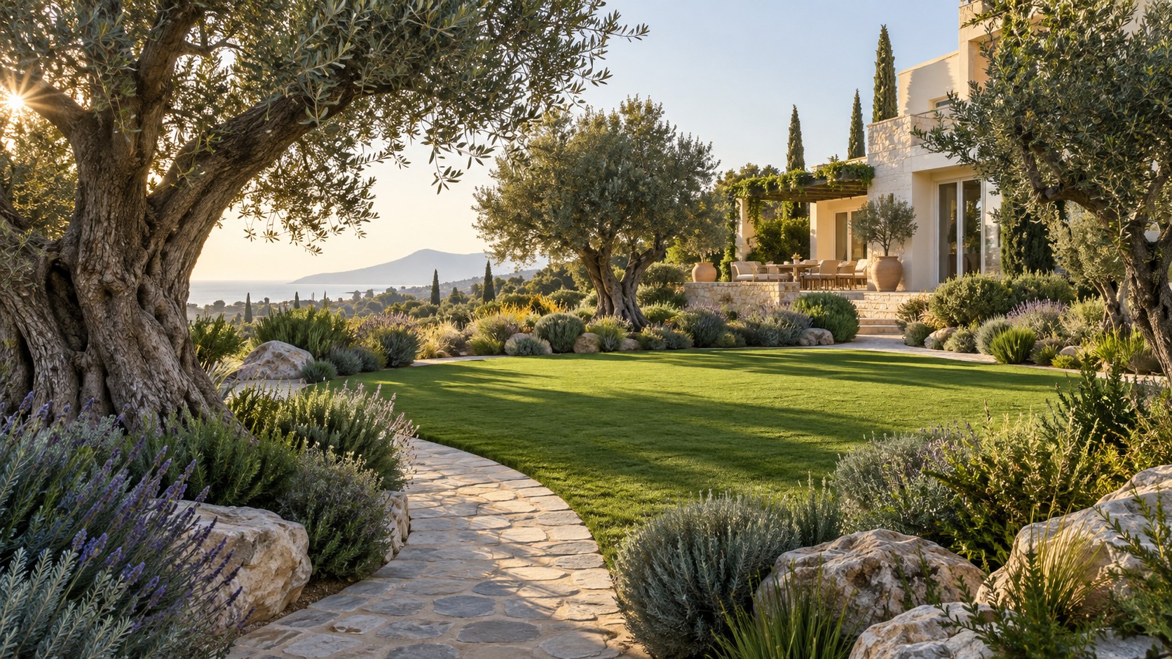 Illustrative Mediterranean garden with olive trees