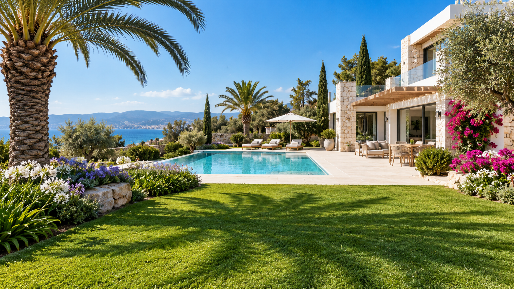 Illustrative landscaped villa garden with palms and pool